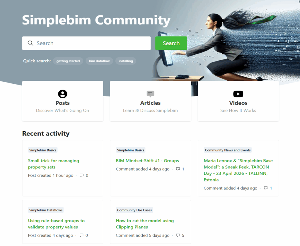 Why the Simplebim Community

We’ve all seen it: raw BIM data is complex, incomplete, and often hard to use. While modelling is becoming widespread, turning BIM data into useful and scalable value is still a challenge across the industry.

We believe there is a better way to work with BIM data - and that this next step can only happen together.

The Simplebim Community is where BIM data processing moves forward collaboratively. It’s a place to grow by discovering practical best practices and ready to use dataflows, to share approaches and real world workflows, to connect with data practitioners across the entire construction lifecycle, and to belong to a trusted group where each contribution matters. 
Most importantly, it’s a place to shape the future of our industry: open, automated, centralized, and shareable BIM data processing is the next necessary leap for real digitalization in construction. 

By exchanging and experimenting together, we help each other - and our industry - move ahead.

We are glad to host the "first global Community around BIM data competence".
If this sounds like your way, then you belong there.

Become a Member